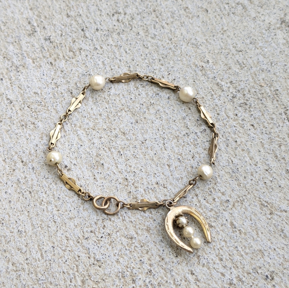 Vintage 1/20 12k Gold Filled Bracelet Pearls Horseshoe 7.5" Antique